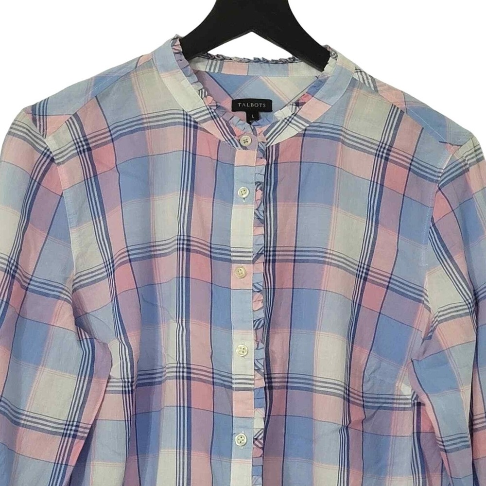 Talbots Plaid Button Up Shirt L Pink Blue Long Sleeve Pastel Preppy Colorful